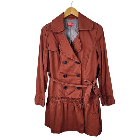 Elle Trench Swing Coat size Small Jacket Light Weight Belted Spring Ruffle Hem - Picture 1 of 6